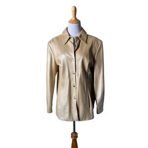 St. John Sport Button Up Gold Metallic 100% Italian Leather Jacket- Size Large